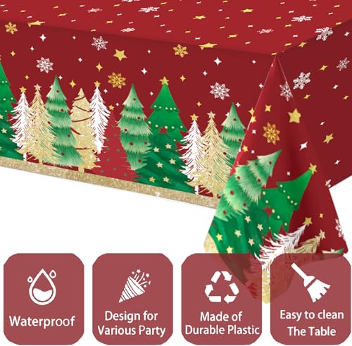 OQOQ Disposable Christmas Tablecloth (Red, 3 Packs), 108"x54" Red Christmas Party Decorations Table Cloth Plastic Table Cover for Buffet Picnic Dinner Centerpieces Decor – Image 3