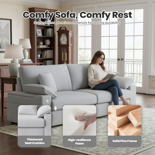 Image of 89 inch Modern Sofas for Living Room, Comfy Sofa with Deep Seat Couch, USB /Type-C Port, Side Storage, Removable Cover, Couches for Living Room, Apartment, Light Grey