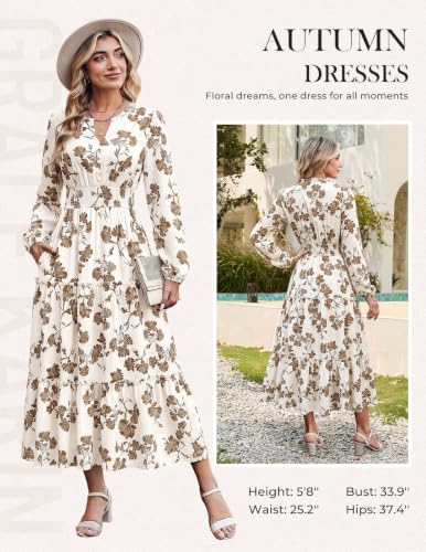 Image of GRACE KARIN Women's Floral Maxi Dress 2026 Fall Long Sleeve V Neck Empire Waist A Line Flowy Dress with Pocket