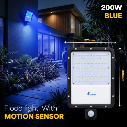 Image of Forus 200W LED Flood Light Blue with Motion Sensor Auto On Off Day Night Mode Waterproof Outdoor Security Light for Garden Parking Garage Factory Warehouse Shop High Bright Floodlight 4Yr Warranty-1Pc