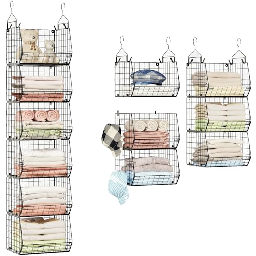 Image of 6 Tier Closet Hanging Organizer, Clothes Hanging Shelves with 4 Hanging Hooks 5 S Hooks, Wire Storage Basket Bins, for Clothing Sweaters Shoes Handbags Clutches Accessories Patent Design-Black