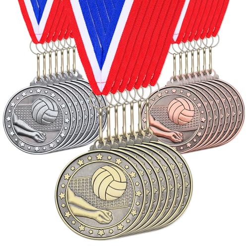 Loetere 30 Pcs Gold Silver Bronze Award Medals Bulk 2 Volleyball Soccer Cheer Trophy Prizes with Neck Ribbons for Sports Participation Winner Competitions Games and Parties Gift(Volleyball)