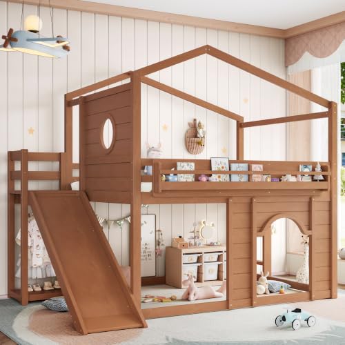 Image of Bellemave Bunk beds Full Over Full with Slide,Bookshelf and Wardrobe House roof Design, Low bunk /loft Bed for Kids, Natural
