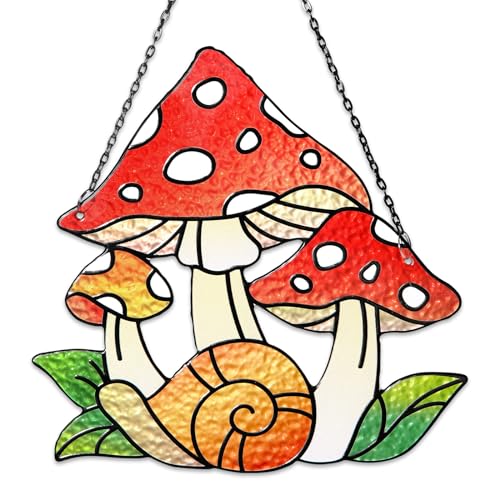 Image of Tuitessine Mushroom Stained Glass Sun Catcher Toadstools Snail Cottage Style Decor Window Wall Hanging Ornament for Home Plant Lovers Gift 7.9"*7.9"