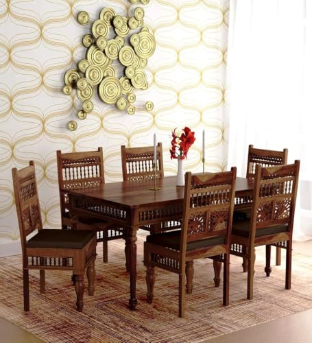 Image of Jangid Handicraft Solid Sheesham Wood Traditional Dining Table 6 Seater | Wooden Six Seater Dinning Table with 6 Chairs for Home | Chairs with Cushion | Dining Room Set for Restaurants | Natural