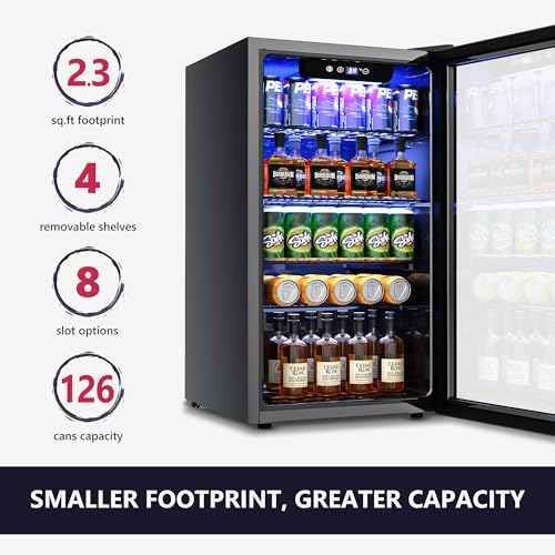 Icyglee BR-110H-IG-02X Beverage Refrigerator Cooler - 126 Can Mini Fridge With Glass Door For Soda Beer, Wine, Beverage Cooler For Home, Office, Bar With Adjustable Removable Shelves, Black Steel thumb #1