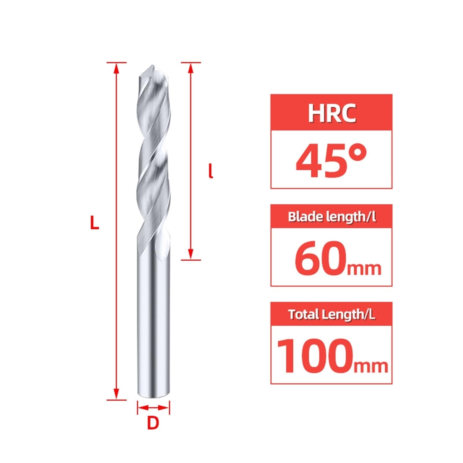 Tooleye wiertła z węglików spiekanych wiertła spiralne ze stali wolframowej HRC45 ° długość całkowita 100mm tokarka cnc narzędzia wiercenie w twardym metalu 2.1-20.0mm (Color : HRC45, Size : 12.6MM_