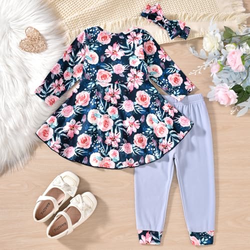 Image of fioukiay Fall Winter 7t Toddler Girl Clothes Little Girl Floral Ruffle Flare Dress Top Legging Pants Set Girls Clothing Outfits