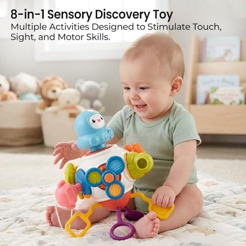Image of Cable World Montessori 8-in-1 Baby Activity Cube Toy for Kids| Sensory Learning & Motor Skill Development Toy | Spinner, Pull String & Rotating Astronaut | Hanging Travel Toy for Babies & Toddlers