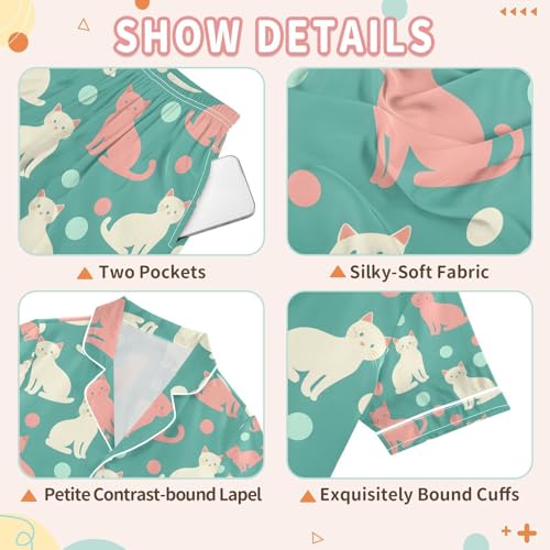 senya Color Cat on Green Dot Satin Summer Pajama Sets Silk Short Sleeve Button Down Sleepwear3