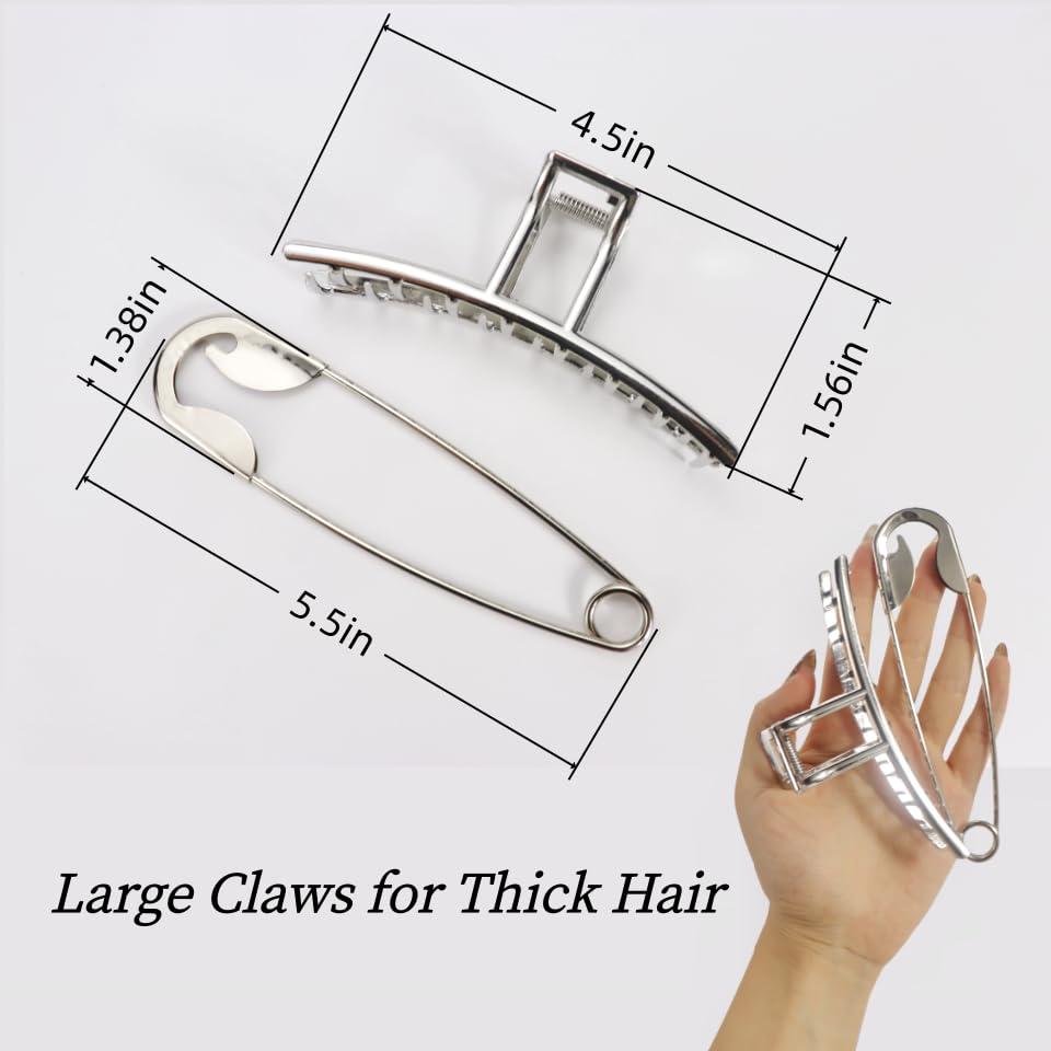 Goth Silver Metal Hair Styling Accessory Set, Extra Large Claw Clip and Oversized Safety Pin, Non-Slip Jaw Clip for Thick Hair, Stylish Headpieces for Daily&Party Outfit Bath Makeup Organize image 5