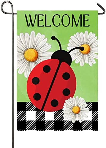 Ladybug Spring Summer Garden Flag 12x18 Inch Double Sided Ladybug Daisy Welcome Yard Flag Buffalo Plaid Check Burlap Banner Seasonal Farmhouse Decor Garden Lawn Yard Outdoor Decorations