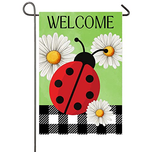 Ladybug Spring Summer Garden Flag 12X18 Inch Double Sided Ladybug Daisy Welcome Yard Flag Buffalo Plaid Check Burlap Banner Seasonal Farmhouse Decor Garden Lawn Yard Outdoor Decorations #TOP26