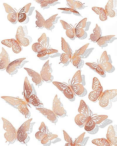Image of 72Pcs 3D Butterfly Wall Decor, Rosegold Butterfly Decorations, 4 Styles 3 Sizes Removable Butterfly Wall Stickers Room Decor for Birthday Party Kids Bedroom Cake Nursery Room Decor
