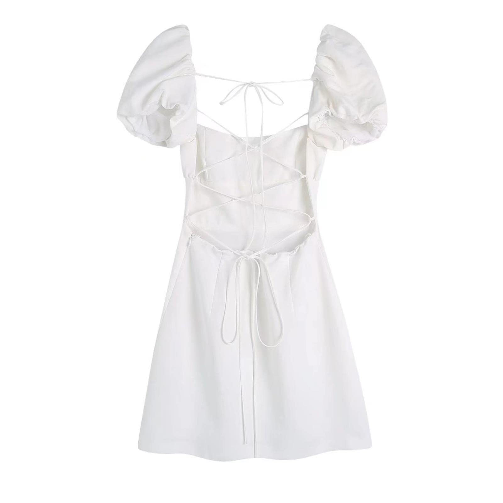 Abito da donna alla moda con scollo quadrato senza schienale maniche a sbuffo busto elasticizzato e vita abito corto bianco estivo