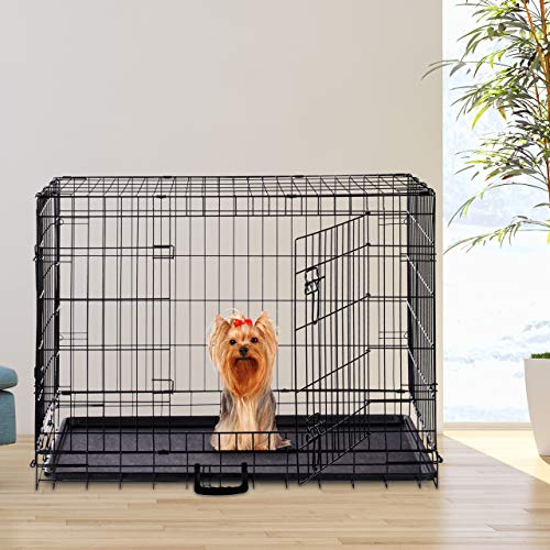 Relaxdays Hundekäfig, Faltbare Hundetransportbox Auto, Welpenkäfig, 2 Türen, Bodenschale, Drahtkäfig Metall, M, Schwarz