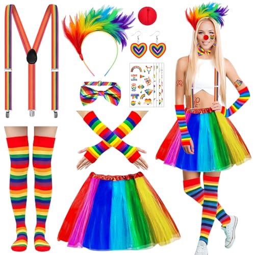 Costume Arc-En-Ciel 9 Pièces Pour Femme - Tutu Arc En Ciel, Bandeau à Plumes,Tatouage,Boucles d'Oreilles,Gants,Chaussettes,Bretelles Réglables Dans Le Dos,Nœud...