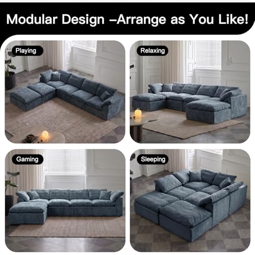 Image of Cloud Couch Sectional for Living Room, Modular U Shaped Boneless Sofa with Chaise, Compressed No Assembly Couch, Deep Seat Chenille Upholstered Convertible Sofa Bed(Steel Blue)