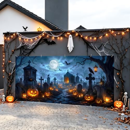 Image of Halloween Garage Door Decorations 7 x 16 ft, Cemetery Cover