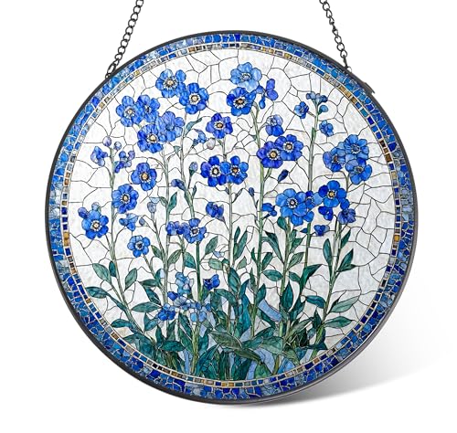LITIVY Forget-Me-Not Flower Stained Glass Suncatcher, 7.8 Inch Handmade Blue Floral Window Hanging Decor - Garden, Home Gift for Women, Mom, Grandma