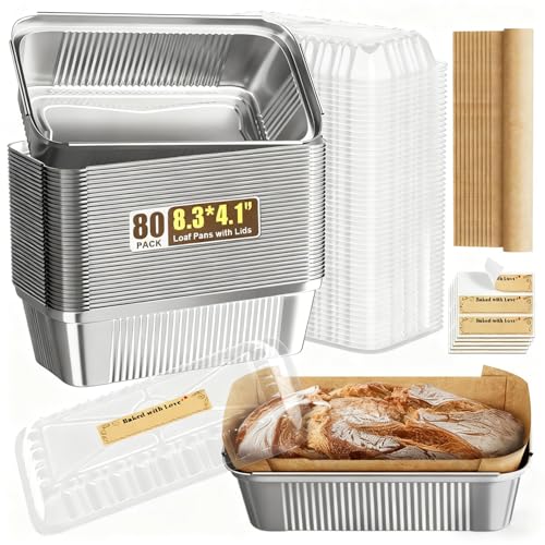 Gyreuni 80 Pack Disposable Aluminum Loaf Pans with Lids 8.3 x 4.1 Inch