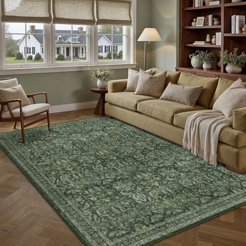 PureCozy Dark Green 5x7 Area Rug Washable Vintage Living Room
