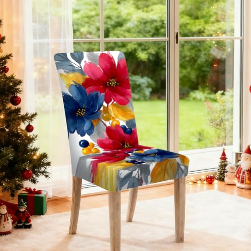 Image of Nuxovilar 2PCS Vibrant Watercolor Floral Stretch Chair Covers | Stretch Slipcover Floral Protector Flower Wrap Seat Guard Dining Room Family Kitchen Festive Party (Vibrant Rose)
