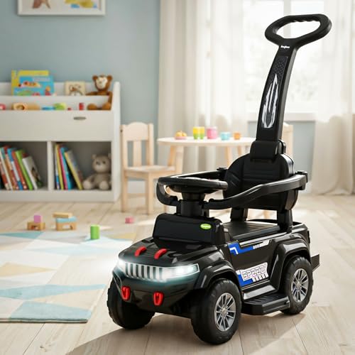 Image of Baybee Speedy Pro Baby Ride on Car for Kids with Parental Handle | Portable Kids Car with LED Lights, Music, Backrest & Basket | Toy Rideons Jeep | Toddler Push Baby Cars for 1 to 3 Years (Black)