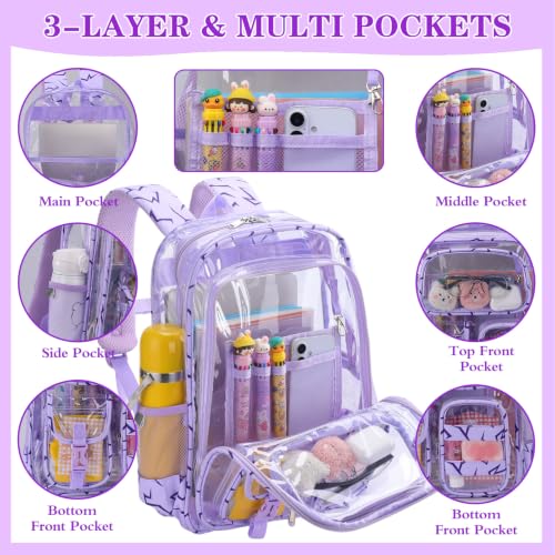 Image of Three-layer Clear Backpack, Heavy Duty Clear Bookbag for Kids, See Through Backpack Transparent Bag for Girls Boys (Purple Lightning)