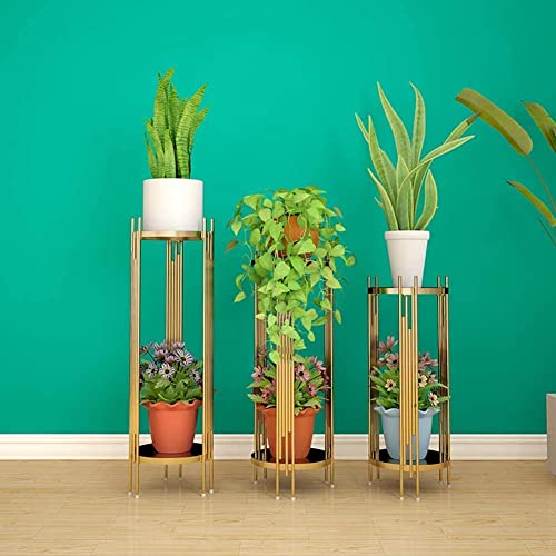 Image of Gold Metal Indoor Plant Stand, 2 Tier Floor Standing Planter Holder for Living Room, Balcony, Home Decor, Rust Resistant Iron Frame