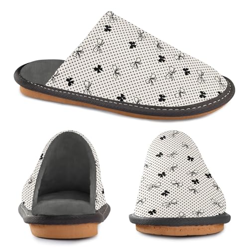 Slippers for Women Black Bow Grey Dots Pattern Soft Winter Warm Shoes Indoor Outdoor Non-Slip House Travel Slippers4