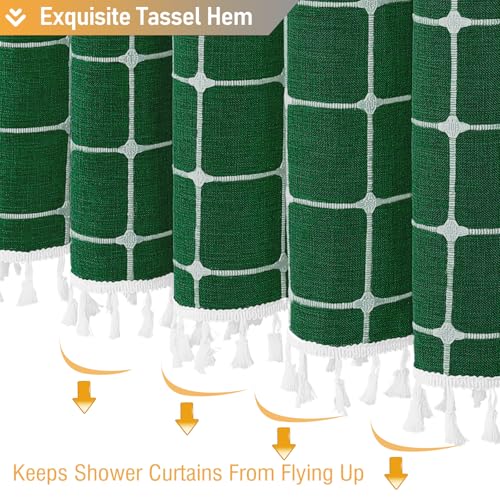 Image of BTTN Boho Farmhouse Shower Curtain - Linen Rustic Heavy Duty Fabric Shower Curtain Set with Tassel, Water Repellent, Bohemian Vintage Country Cloth Shower Curtains for Bathroom, Emerald Green, 72x72