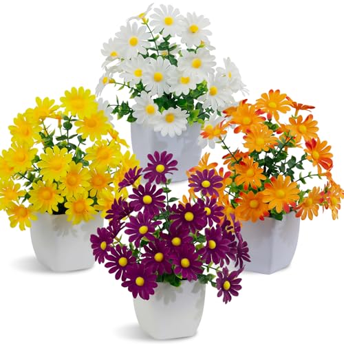 LOYWREE 4 Pack Small Artificial Mums Flowers in White Pots, Fake Mini Potted Plants...