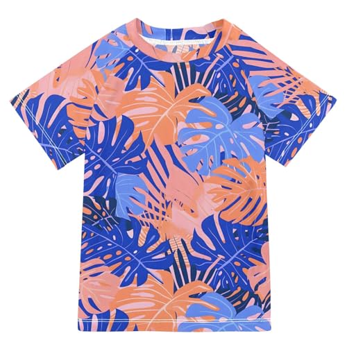 Boys Rash Guard Short Sleeve Swim Shirts for Boys Blue Pink Tropical Leaf Sun Protection 7-8T