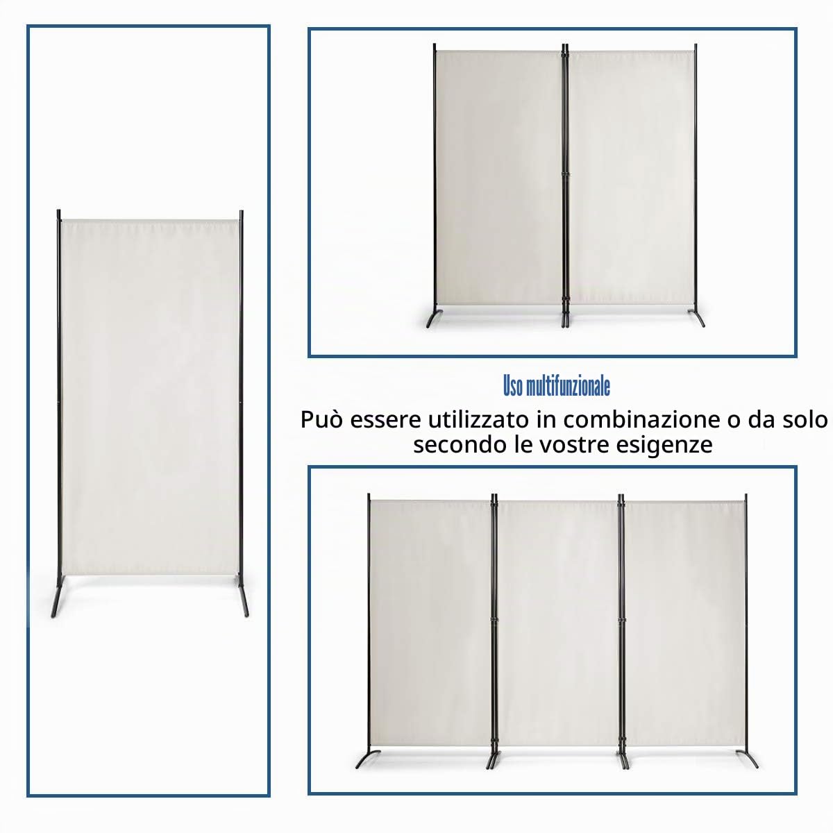 FANTASK 260 x 183 cm, divisorio pieghevole, 3 pezzi, divisorio da parete in metallo e poliestere, frangivista, divisore interno per casa, ufficio, terrazza, extra largo