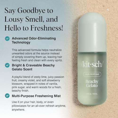 Image of Kitsch Hair Perfume for Women- Beachy Gelato | Clean, Deodorizing & Patented Odor-Eliminating Technology Hair Spray & Body Mist- Freshen Hair, Body & Pillows- Tropical Citrus, Vanilla Bean Scent- 50mL