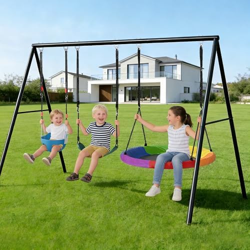 SYESWAY 440lbs Swing Frame Set with Stand–Saucer Swing, Belt Swing & Baby Swing, Heavy Duty Metal Swing Set with Adjustable Height for Backyard, Outdoor Playground Equipment for Kids