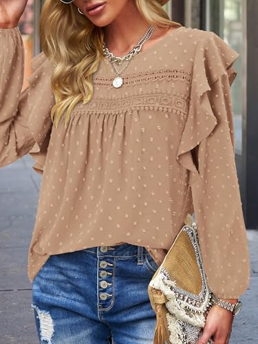 BETTE BOUTIK Womens Boho Fall Long Sleeve Shirts Crewneck Dressy Casual Blouses Trendy Flowy Tops
