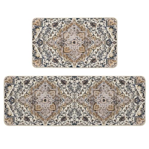 Artoid Mode Blue Flowers Bohemia Kitchen Mats Set of 2
