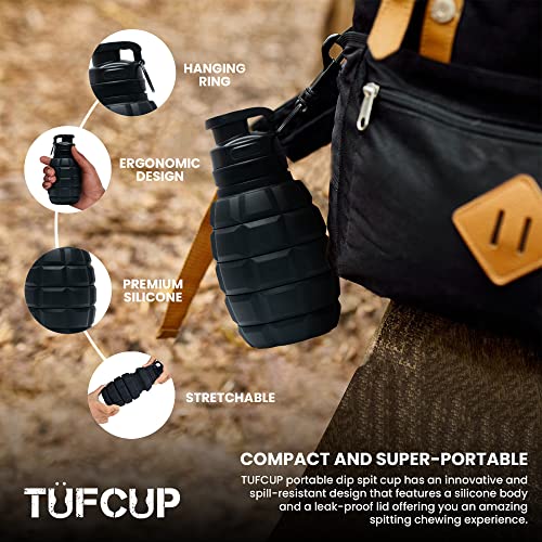 Tufcup Spit Cup Spittoon for Chewing, Portable Reusable Spit Dipping Cup with Lid, Collapsible Spill Resistant Leak Proof Silicone Body Travel Spitter (Black)