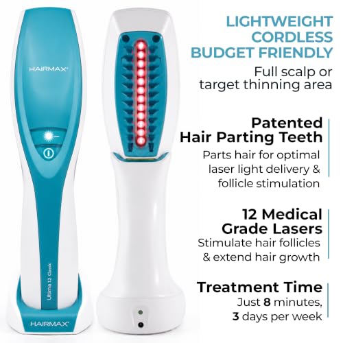 Image of Hairmax Ultima 12 Classic LaserComb- (FDA Cleared) Laser Hair Regrowth Treatment Device for Men & Women - Reverses Thinning Hair Loss - Red Light Therapy to Stimulate Hair Growth - Cordless Design