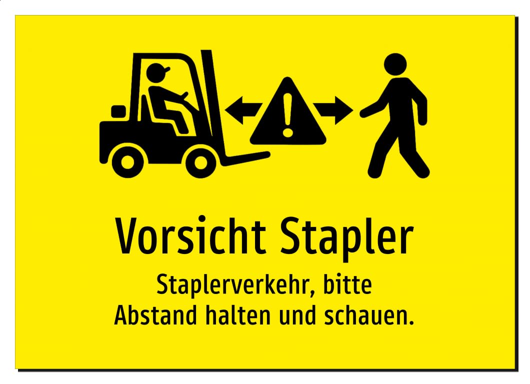 Vorsicht Stapler - Staplerverkehr, bitte Abstand halten und schauen. – Aluminiumschild A2: 594x420mm – Mit Grafik und Text