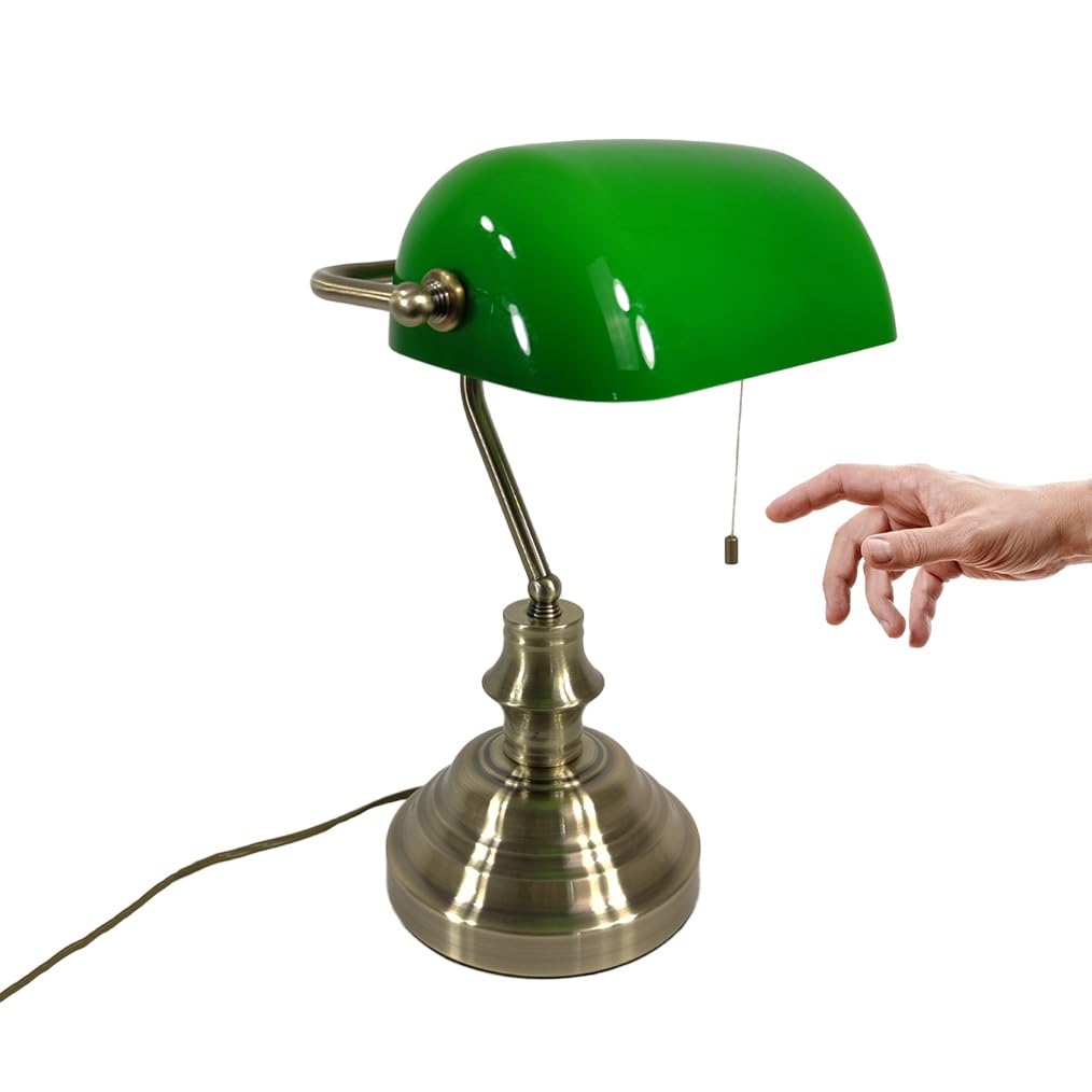 Dapo Bankerslampe Schreibtischleuchte mit Zugschalter Fassung E27 Bürolampe altmessing Schirm grün Arbeits-Nachttisch-Tisch-Lampe-Leuchte Nostalgielampe
