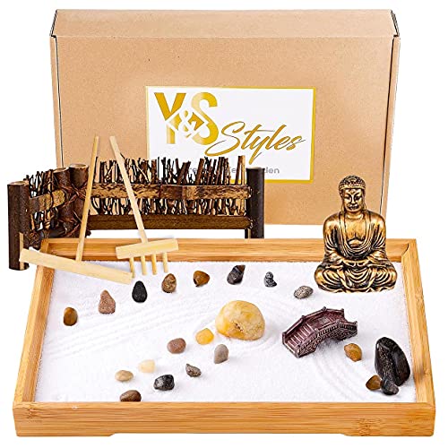 Zen Garden Kit 11x8 inch by Y&S Styles Japanese Zen Garden for Desk Meditation Gift Set for Home & Office Desktop with Mini Buddha, Fence, White Sand, Rakes, and Stones Creates Zen Garden Decor.