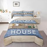 Picture of Feelyou Lake House Bedding Set Boys Girls Full Size Camping Comforter Set for Kids Women Men Rustic Wooden Duvet Quilt Breathable Soft Lightweight Microfiber Farmhouse Room Decor