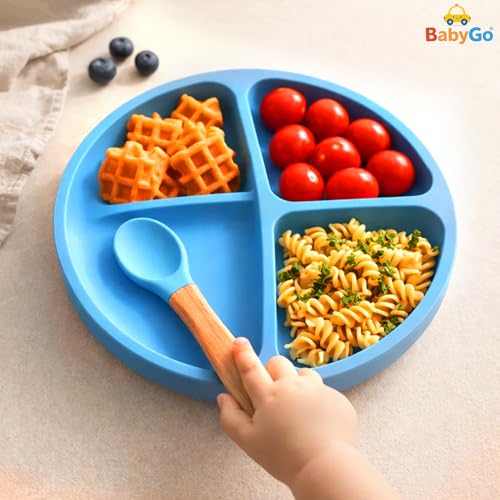 Image of BabyGo Silicone Suction Plate with Spoon for Babies | Microwave, Dishwasher & Freezer Safe | Unbreakable Feeding Plate with 4 Suction Cups for Babies & Toddlers | BPA-Free (Blue)