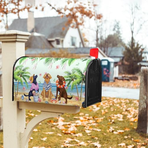Image of Summer Dogs Magnetic Mailbox Cover 25.5x21Inch Funny Tropical Beach Coastal Puppy Waterproof Mailbox Wrap Letter Post Cover Large Size for Garden Yard Outdoor Season Outside Decor