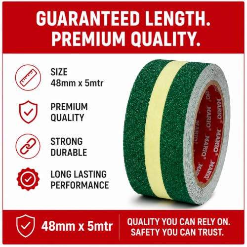 Image of Mario Green Anti-Skid Glow-in-the-Dark Tape Width 50mm x Length 5mtr (16.5 feet) | High Grip Waterproof Anti-Slip Safety Tape | Self Adhesive Non-Slip Tape for Stairs & Dark Areas | Pack of 1pc