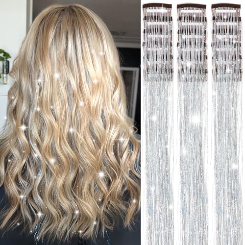 Obinying Hair Tinsel Pack of 18 Pcs Hair Tinsel Clip in 20.5 Inch Glitter Tinsel Hair Extensions Clip in Hair Tinsel Kit Party Festival Fairy Hair Accessories for Girls Women Kids (Silver)
