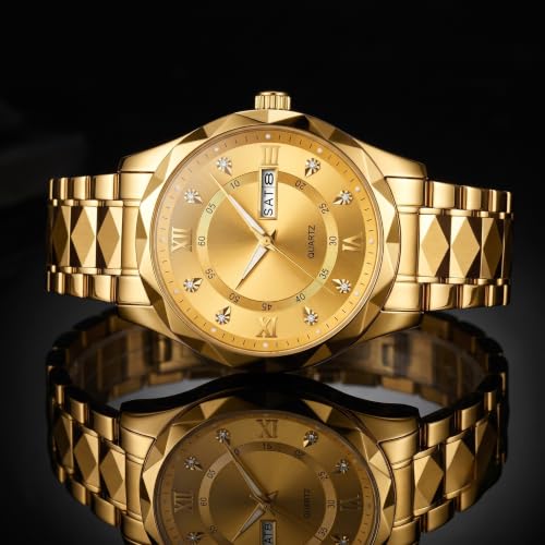 Image of GOLDENIZE FASHION Luxury Analog Roman Numeral Date Display Diamond Pattern Classics Stainless Steel Wrist Watch for Men
